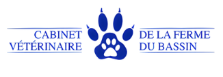 Logo du Cabinet Vétérinaire de la Ferme du Bassin orné d'une empreinte de patte d'animal bleue.