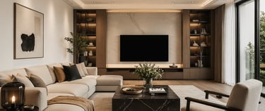 Modern luxury living room featuring a cream sectional sofa, marble coffee table, and built-in entertainment center with a