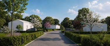 Vue de l’entrée du lotissement Le Clos du Pressoir avec ses stationnements visiteurs, sa voirie pays
