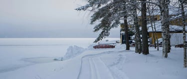 Winter cottage with snow-covered driveway and frozen lake.