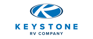 Keystone RV Company logo featuring a blue stylized K in an oval on a black background.