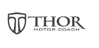 Official Thor Motor Coach logo featuring a shield emblem and company name on a black background.