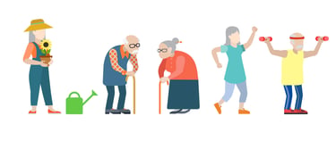 Diverse group of active seniors gardening, walking, and exercising for healthy aging.