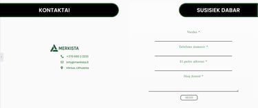 Merkista contact page featuring a Lithuanian business inquiry form, phone number, and email address.