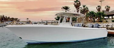 a center console boat in a marina