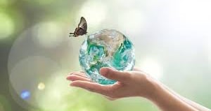 Hands holding a crystal earth globe with a butterfly against a green bokeh background for environmental conservation.