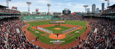 An image of Fenway Park from the press box looking out onto the field. 