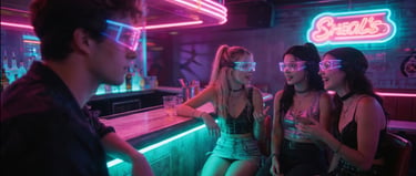 Three young ladies in a bar checking out a cute guy