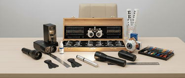 Close-up of an optometry examination kit on a desk, including trial lenses, eye model, eye drops and diagnostic tools.