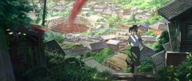 suzume screenshot, suzume running towards spiritual energy that rises from an abandoned town