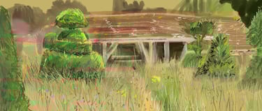 Digital drawing: Great Dixter topiary lawn meadow