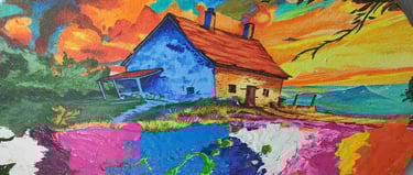 "Handmade circular painting of Earth with house, trees, and flying birds-Export-oriented"