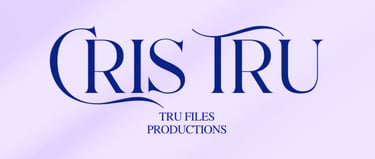 Elegant Cris Tru Files Productions logo in deep blue serif typography on a soft lavender background.