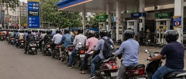 long queue of vehicles for petrol and diesel