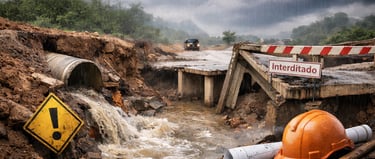 Bueiro de drenagem rompido após chuva intensa causando erosão e colapso de estrada rural,