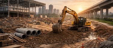Canteiro de obras com escavadeira em operação, trabalhadores com EPI e estrutura metálica de galpão 
