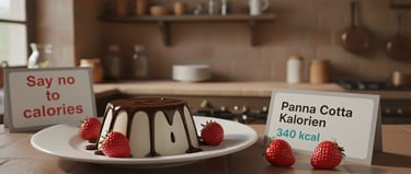 Panna Cotta mit Schokolade und eingeblendeter Kalorientabelle – zeigt Kaloriengehalt des Desserts re