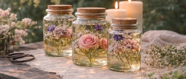 Elegant floral glass jars with cork lids and candles on a rustic wooden table.