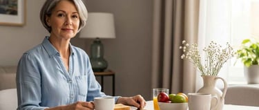 Mulher de 60 anos desfrutando de café da manhã saudável em casa, transmitindo equilíbrio e bem-estar com luz natural.