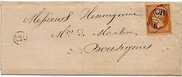 1862: Brief während der Zustelltour dem Postboten im Dorf COUSOLRE übergeben.