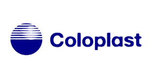 logo of blue circle with white lines of top half and the word coloplast on the right side