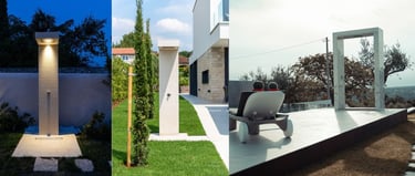 doccia moderna con rivestimento naturale per piscina e giardino