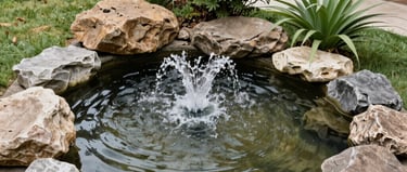 Stone mushroom garden ornaments with ferns and wall