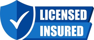 Blue shield icon with a white checkmark next to the text Licensed and Insured for business verification.