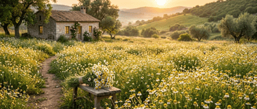 Rustic stone cottage nestled in a field of blooming daisies at sunset in the Tuscany countryside.