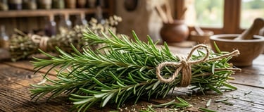Romero silvestre sobre mesa de madera rústica para la selección de hidrolatos en S&B El Artesanal