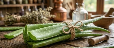 Hojas de Aloe Vera cortadas revelando el cristal puro sobre mesa de madera rústica para la curaduría de S&B El Artesanal.