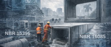 Obra de drenagem urbana em Cuiabá durante chuva intensa, com trabalhadores instalando aduelas e tubo