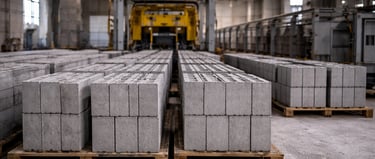 Blocos de concreto estruturais e de vedação organizados em pallets dentro de fábrica industrial