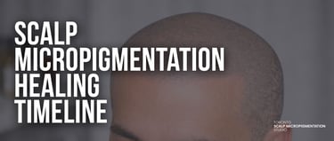 Close-up of scalp micropigmentation results on a shaved head showing the healing timeline and hair tattoo density.