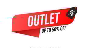 Red outlet sale banner offering up to 50 percent off with a black price tag icon.