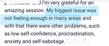 Client testimonial describing her state before RTT: not feeling enough, with low self-worth