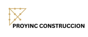 Proyinc Construccion logo with a gold geometric blueprint icon and bold black text.