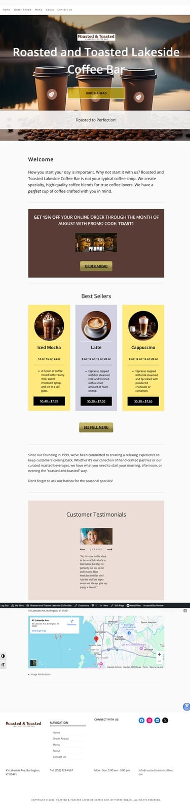 Homepage web design for Roasted and Toasted Lakeside Coffee Bar featuring drinks, specials, testimonials, and location map.