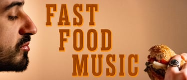 A bearded man gazing at a half-eaten cheeseburger, with a title art reading ‘Fast Food Music’