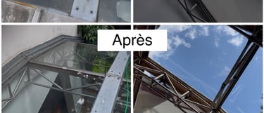 Avant après nettoyage remise en état d'une verrière difficile d'accès - m&m services pro rouen