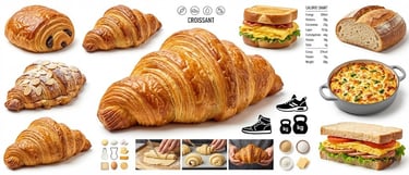 Croissant calories guide showing plain, chocolate, almond, and gluten-free croissants, baking steps,