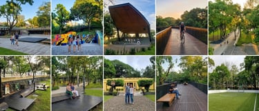 Collage of people enjoying outdoor activities in a lush urban parque cuscatlan walking paths,