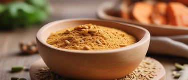 Farinha de abóbora caseira em tigela de madeira, com sementes de abóbora visíveis,