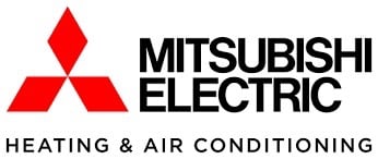 Mitsubishi Electric Heating & Air Conditioning logo with red three-diamond icon.