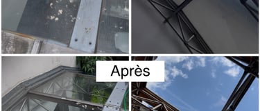 Avant après nettoyage remise en état d'une verrière difficile d'accès - m&m services pro rouen