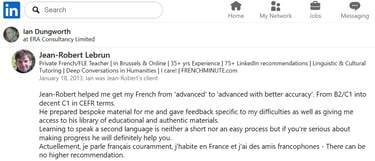 LinkedIn recommendation for Jean-Robert Lebrun professional private French tutor | Brussels & Online