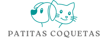 Logotipo de Patitas Coquetas con un dibujo lineal en color turquesa de un perro y un gato sobre un f
