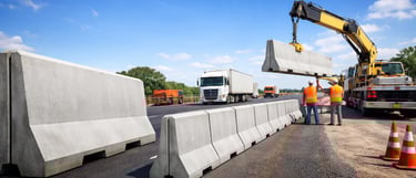 Barreiras New Jersey pré-moldadas sendo instaladas em rodovia com caminhão munck