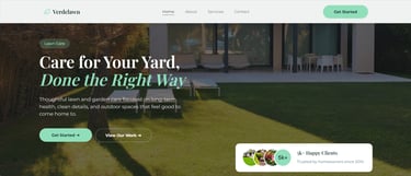 Professional lawn care website hero section featuring a lush green yard and modern home exterior.