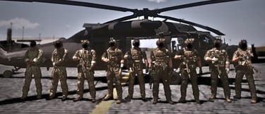 soldati in posa con un elicottero militare dietro le spalle